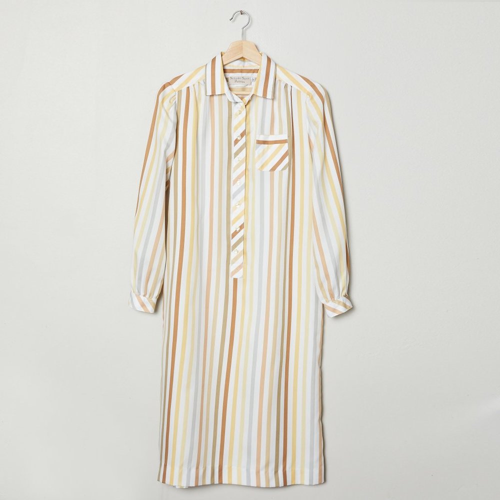 Vtg 70s Yellow Striped Shirt Dress L